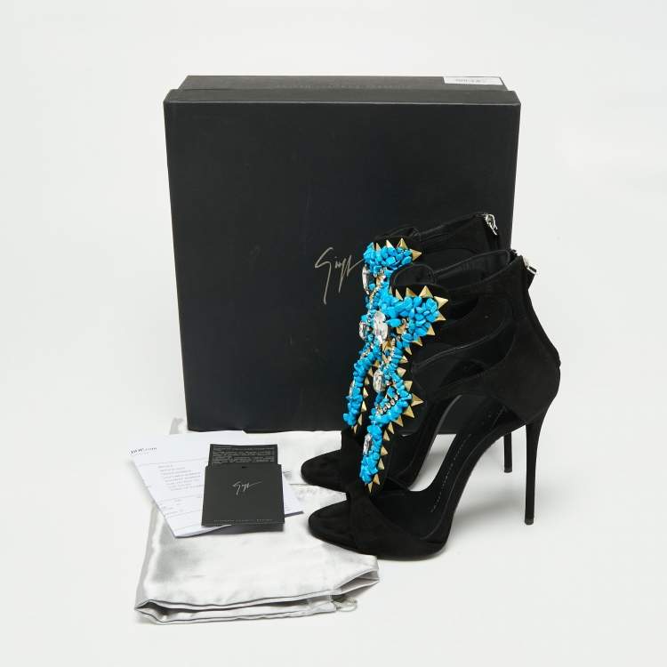 مملوكة مسبقًا Giuseppe Zanotti Black Suede Crystal Turquoise Stone Embellished Cut Out Sandals Size 37