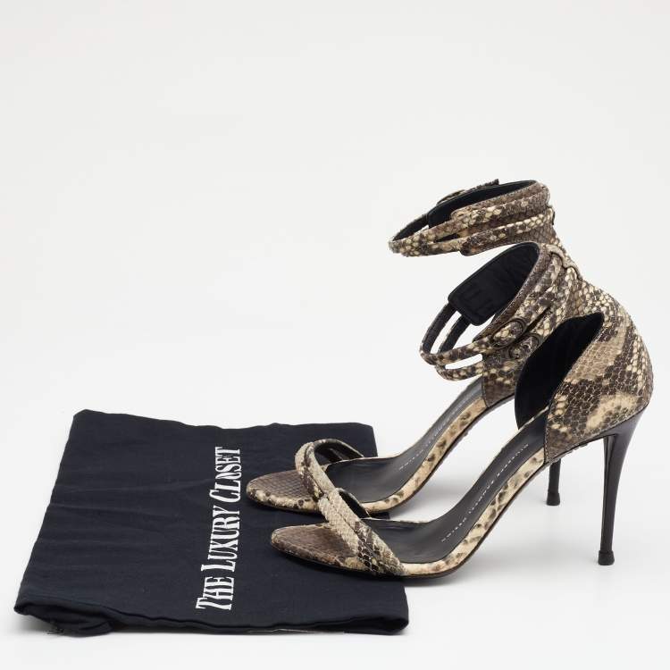 Pre Owned Giuseppe Zanotti Beige/Brown Snakeskin Embossed Leather Portofino Ankle Strap Sandals Size 36