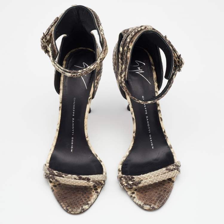 Pre Owned Giuseppe Zanotti Beige/Brown Snakeskin Embossed Leather Portofino Ankle Strap Sandals Size 36