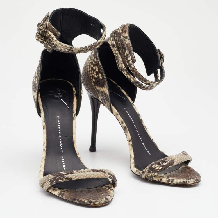Pre Owned Giuseppe Zanotti Beige/Brown Snakeskin Embossed Leather Portofino Ankle Strap Sandals Size 36