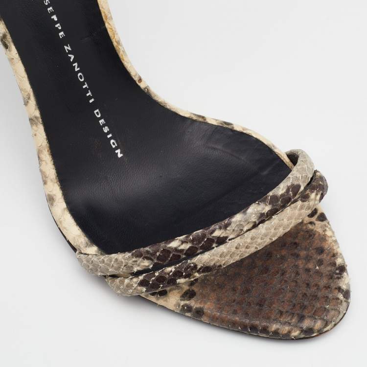 Pre Owned Giuseppe Zanotti Beige/Brown Snakeskin Embossed Leather Portofino Ankle Strap Sandals Size 36