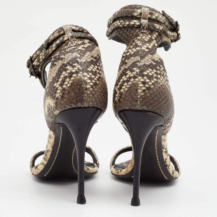 Pre Owned Giuseppe Zanotti Beige/Brown Snakeskin Embossed Leather Portofino Ankle Strap Sandals Size 36