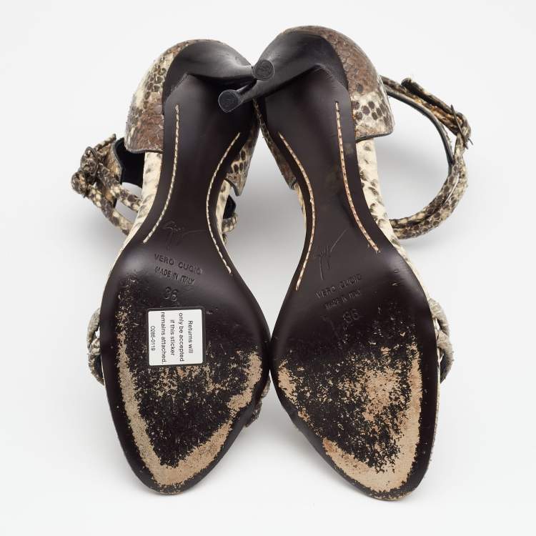Pre Owned Giuseppe Zanotti Beige/Brown Snakeskin Embossed Leather Portofino Ankle Strap Sandals Size 36