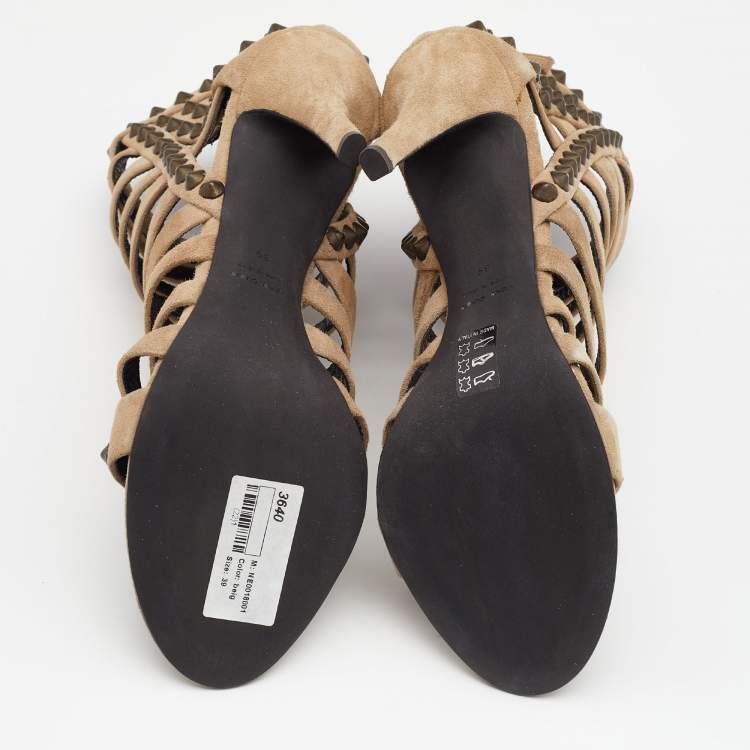 Pre Owned Giuseppe Zanotti For Pierre Balmain Beige Suede Studded Strappy Sandals Size 39