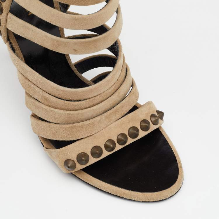 Pre Owned Giuseppe Zanotti For Pierre Balmain Beige Suede Studded Strappy Sandals Size 39