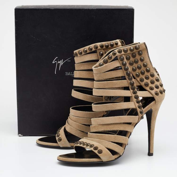 مملوكة مسبقًا Giuseppe Zanotti For Pierre Balmain Beige Suede Studded Strappy Sandals Size 40