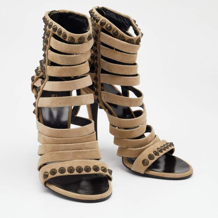 مملوكة مسبقًا Giuseppe Zanotti For Pierre Balmain Beige Suede Studded Strappy Sandals Size 40