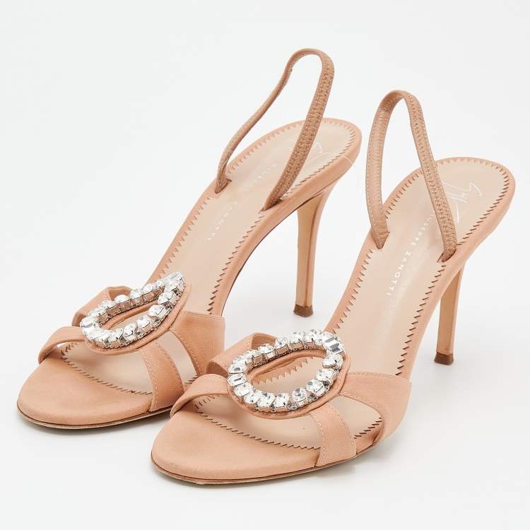 Pre Owned Giuseppe Zanotti Pale Orange Fabric Crystal Embellished Slingback Sandals Size 38