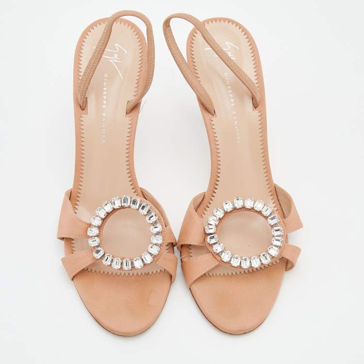 Pre Owned Giuseppe Zanotti Pale Orange Fabric Crystal Embellished Slingback Sandals Size 38