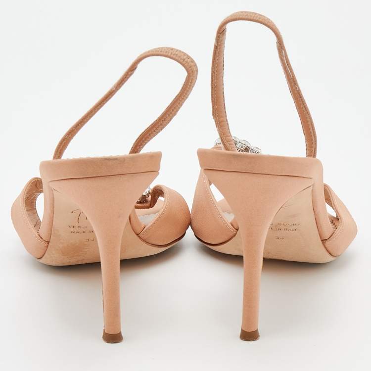 Pre Owned Giuseppe Zanotti Pale Orange Fabric Crystal Embellished Slingback Sandals Size 38