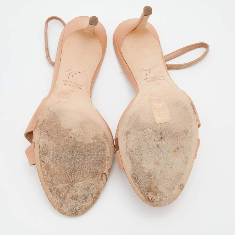 Pre Owned Giuseppe Zanotti Pale Orange Fabric Crystal Embellished Slingback Sandals Size 38