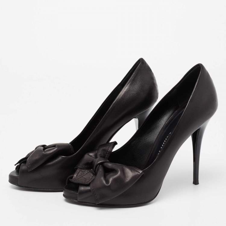 Pre Owned Giuseppe Zanotti Black Leather Bow Detail Peep Toe Pumps Size 38