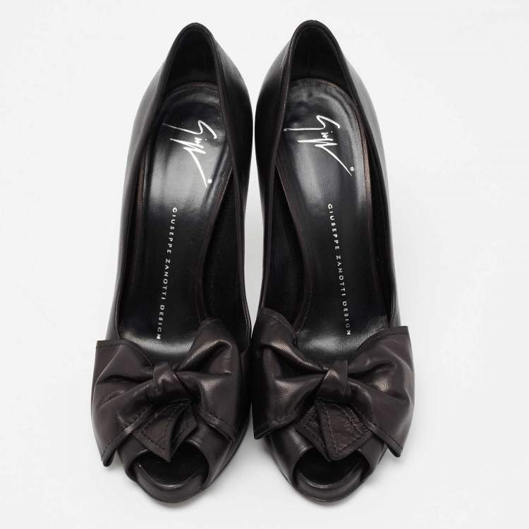 Pre Owned Giuseppe Zanotti Black Leather Bow Detail Peep Toe Pumps Size 38