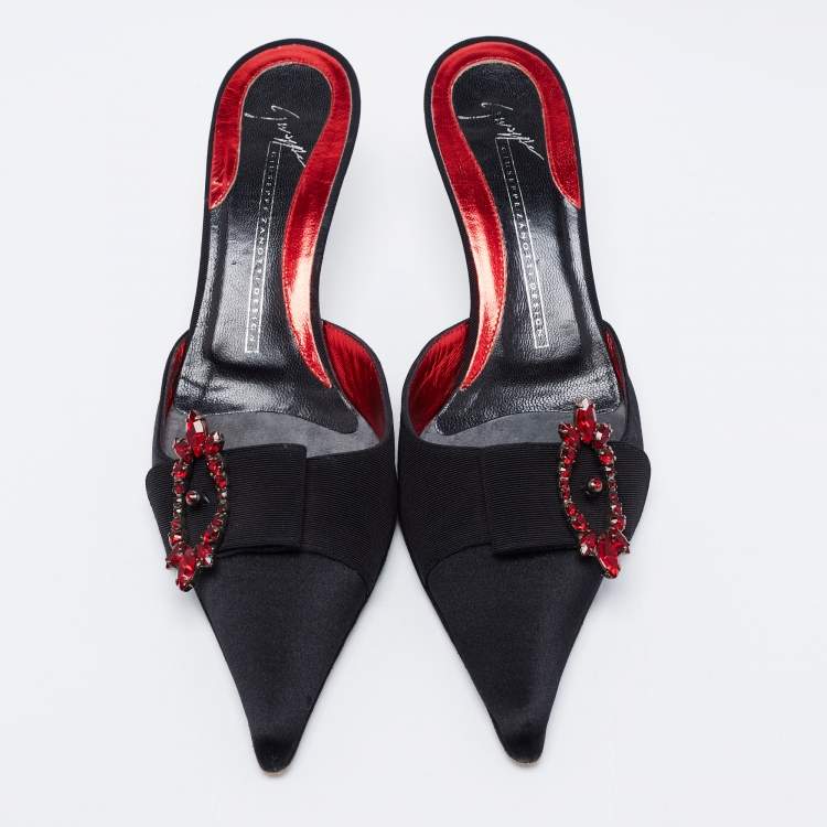 Pre Owned Giuseppe Zanotti Black Satin Crystal Embellished Buckle Pointed Toe Mules Size 36.5