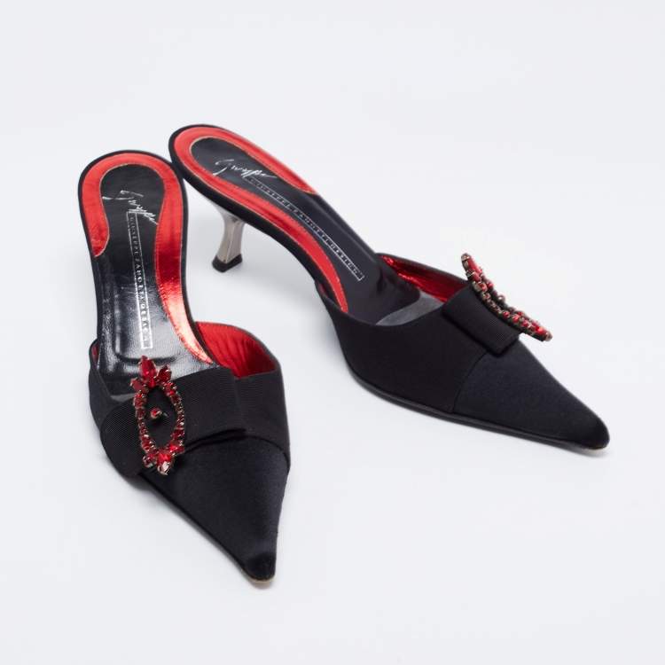 Pre Owned Giuseppe Zanotti Black Satin Crystal Embellished Buckle Pointed Toe Mules Size 36.5