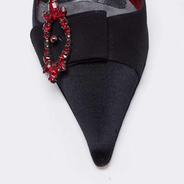 Pre Owned Giuseppe Zanotti Black Satin Crystal Embellished Buckle Pointed Toe Mules Size 36.5