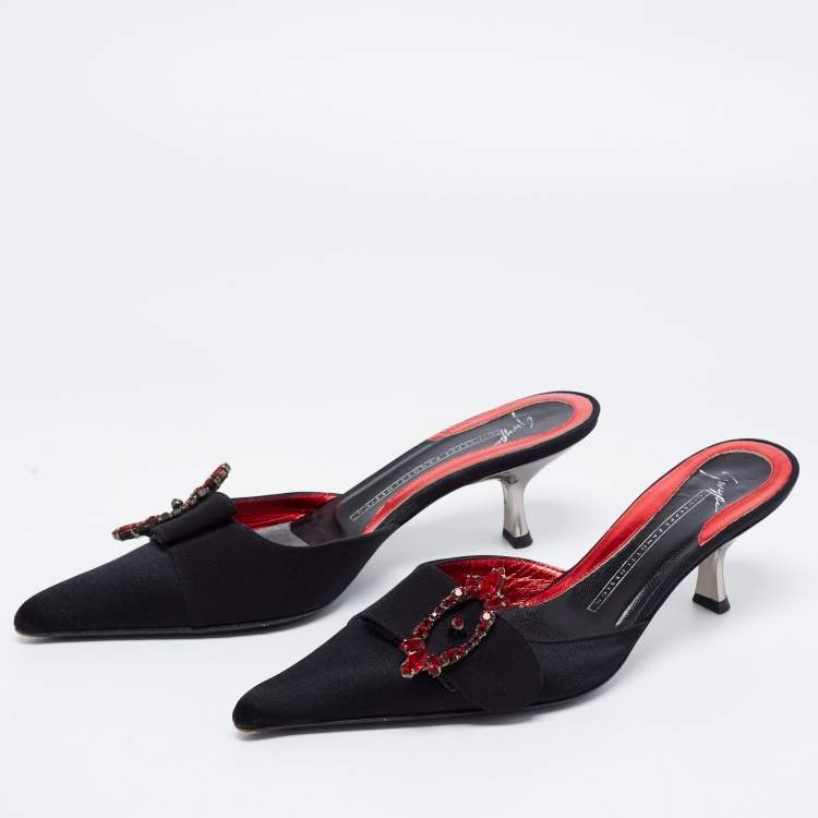 Pre Owned Giuseppe Zanotti Black Satin Crystal Embellished Buckle Pointed Toe Mules Size 36.5