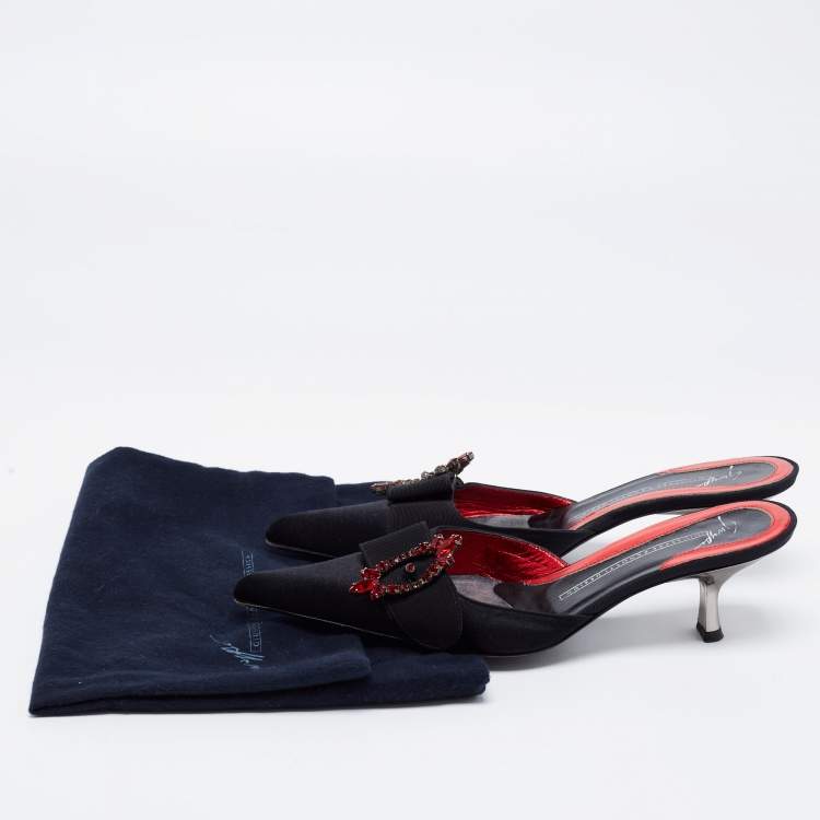 Pre Owned Giuseppe Zanotti Black Satin Crystal Embellished Buckle Pointed Toe Mules Size 36.5