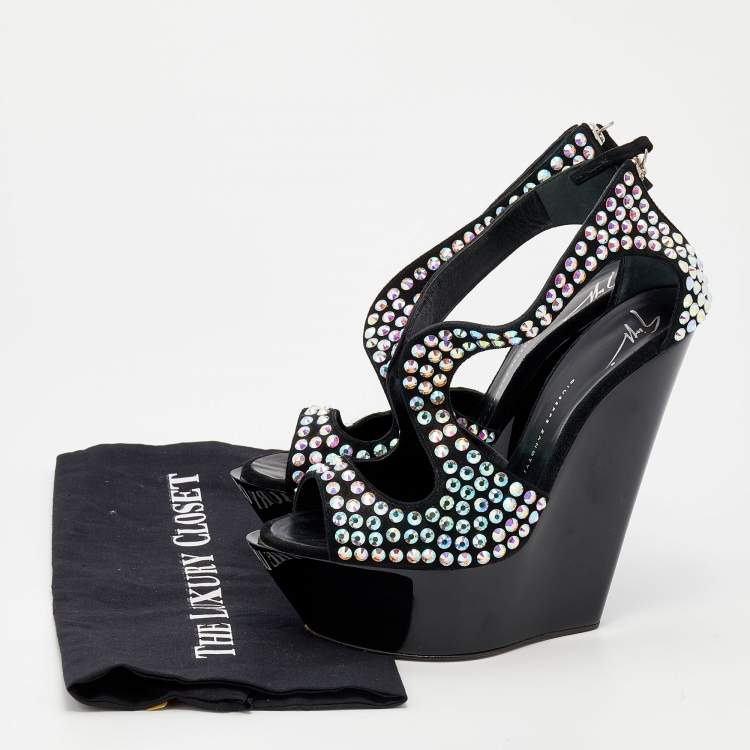 Pre Owned Giuseppe Zanotti Black Suede Crystal Embellished Platform Wedge Sandals Size 39