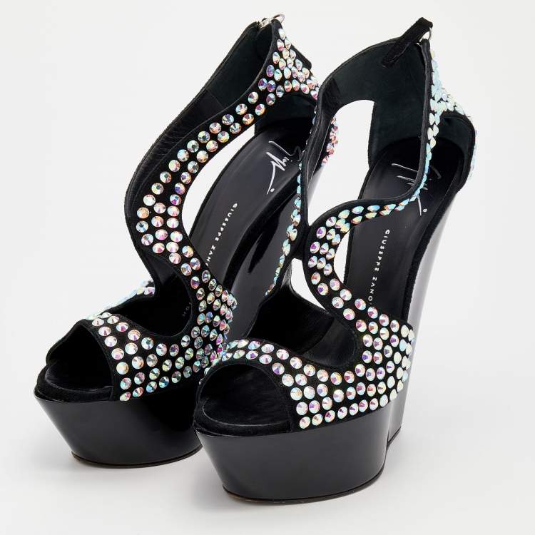 Pre Owned Giuseppe Zanotti Black Suede Crystal Embellished Platform Wedge Sandals Size 39