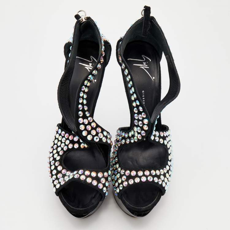Pre Owned Giuseppe Zanotti Black Suede Crystal Embellished Platform Wedge Sandals Size 39