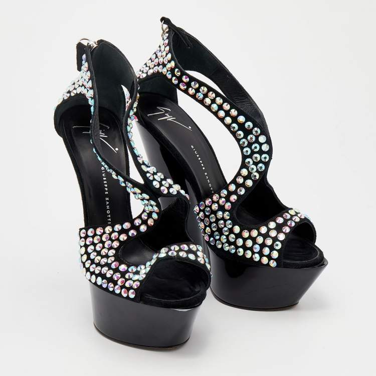 Pre Owned Giuseppe Zanotti Black Suede Crystal Embellished Platform Wedge Sandals Size 39