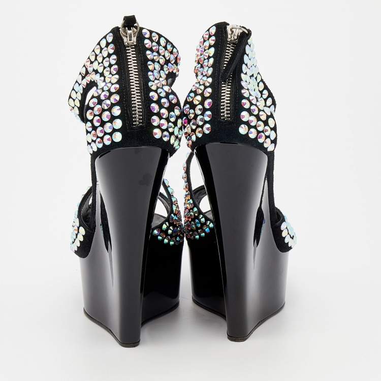 Pre Owned Giuseppe Zanotti Black Suede Crystal Embellished Platform Wedge Sandals Size 39