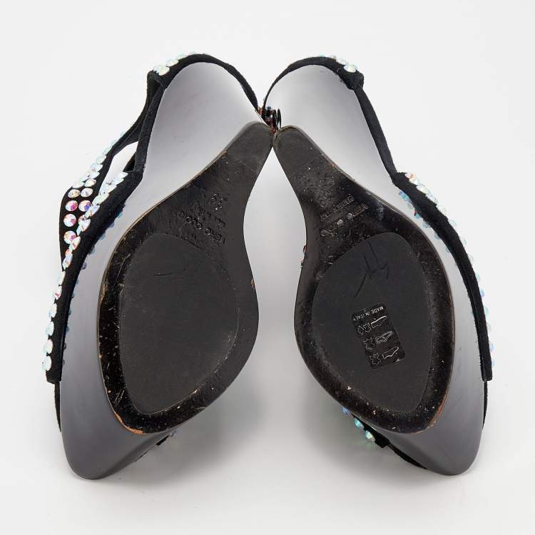 Pre Owned Giuseppe Zanotti Black Suede Crystal Embellished Platform Wedge Sandals Size 39