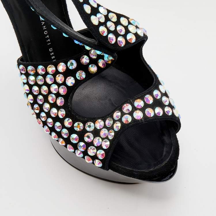 Pre Owned Giuseppe Zanotti Black Suede Crystal Embellished Platform Wedge Sandals Size 39