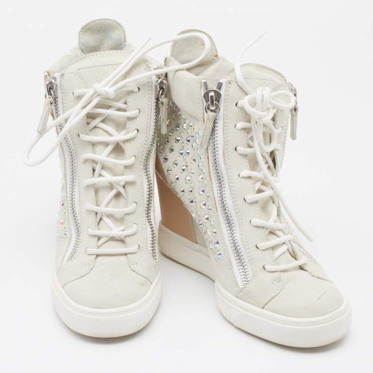 Pre Owned Giuseppe Zanotti Light Grey/Beige Suede And Leather Embellished Wedge Sneakers Size 39.5