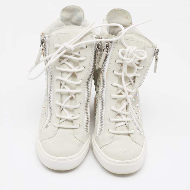 Pre Owned Giuseppe Zanotti Light Grey/Beige Suede And Leather Embellished Wedge Sneakers Size 39.5