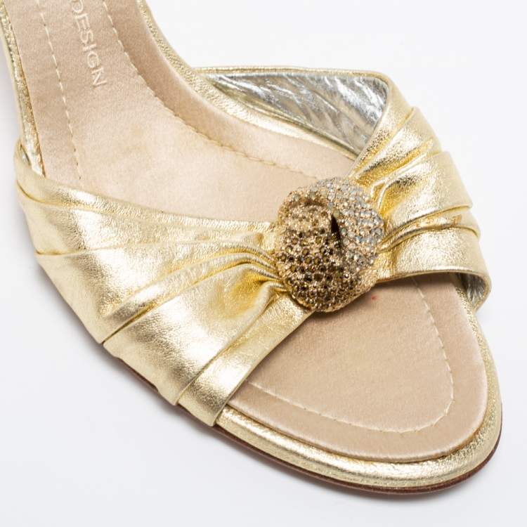Pre Owned Giuseppe Zanotti Metallic Gold Leather Crystal Embellished Slide Sandals Size 40