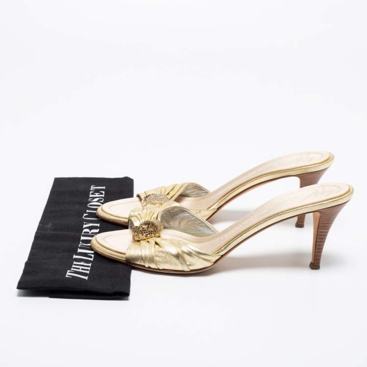 Pre Owned Giuseppe Zanotti Metallic Gold Leather Crystal Embellished Slide Sandals Size 40