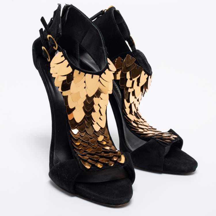 Pre Owned Giuseppe Zanotti Black Suede Coline Sequin Embellished Sandals Size 38