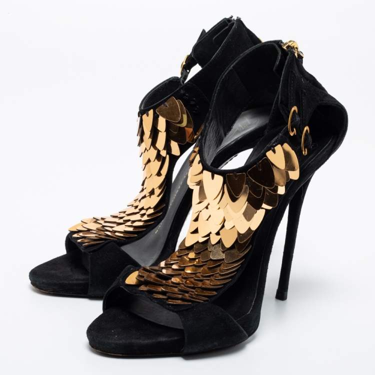 Pre Owned Giuseppe Zanotti Black Suede Coline Sequin Embellished Sandals Size 38