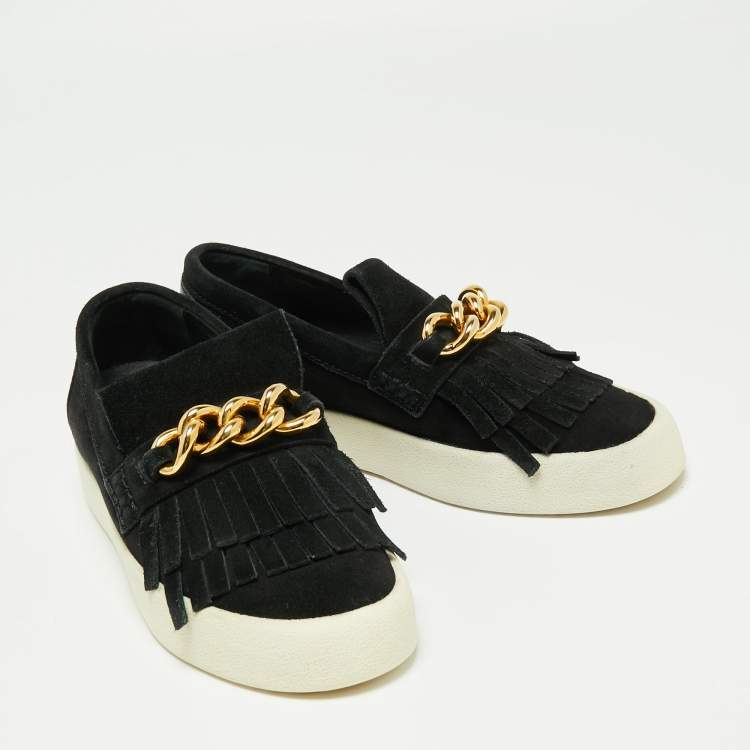 Pre Owned Giuseppe Zanotti Black Suede Fringed Slip On Sneakers Size 40