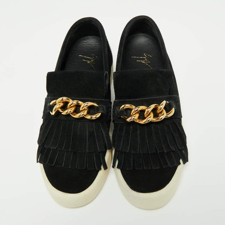 Pre Owned Giuseppe Zanotti Black Suede Fringed Slip On Sneakers Size 40