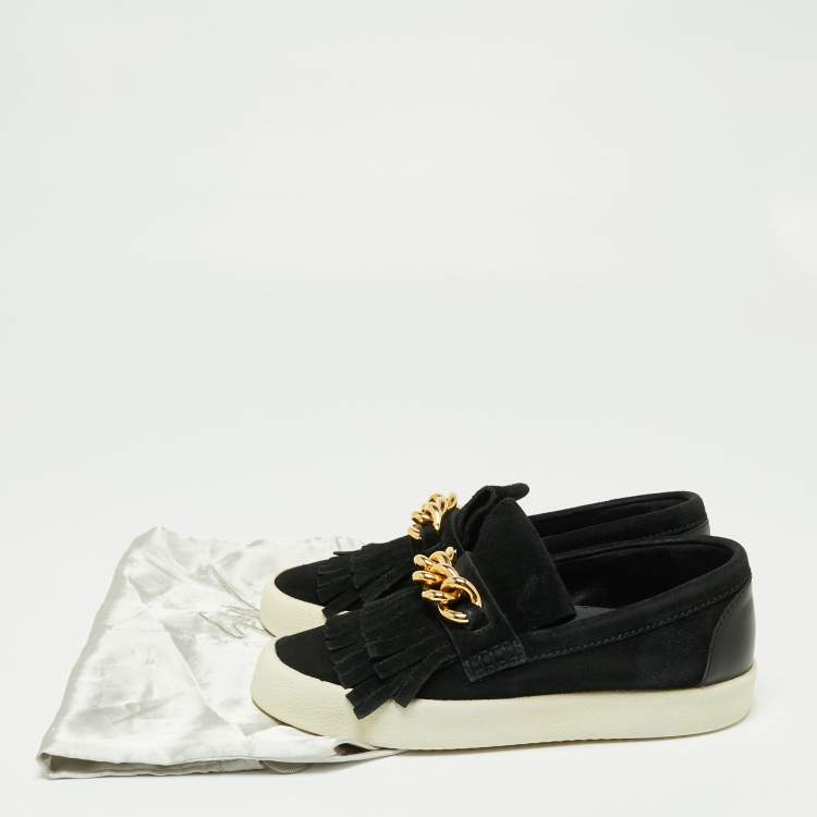 Pre Owned Giuseppe Zanotti Black Suede Fringed Slip On Sneakers Size 40