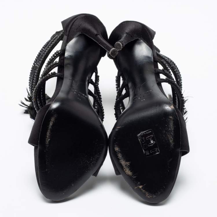 Pre Owned Giuseppe Zanotti Black Feather And Satin Crystal Embellished Sandals Size 36