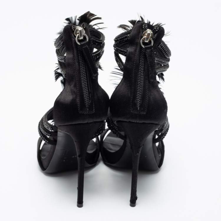 Pre Owned Giuseppe Zanotti Black Feather And Satin Crystal Embellished Sandals Size 36