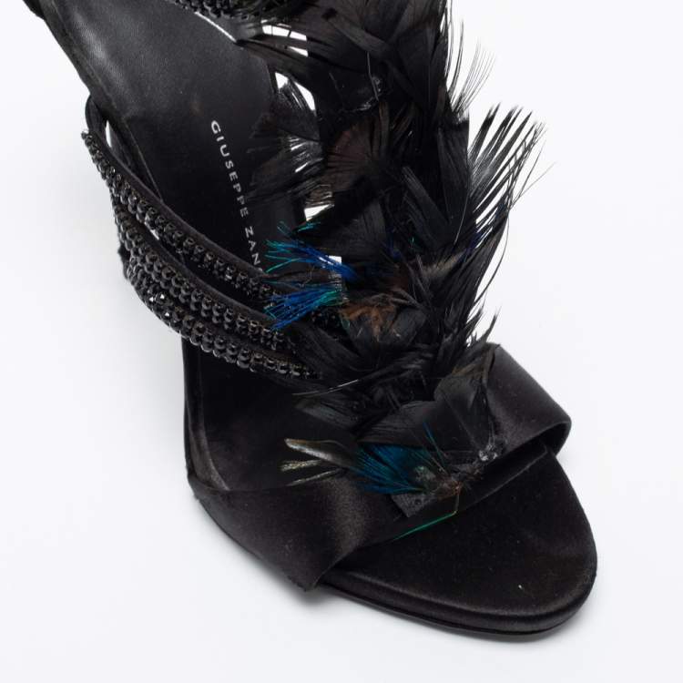 Pre Owned Giuseppe Zanotti Black Feather And Satin Crystal Embellished Sandals Size 36