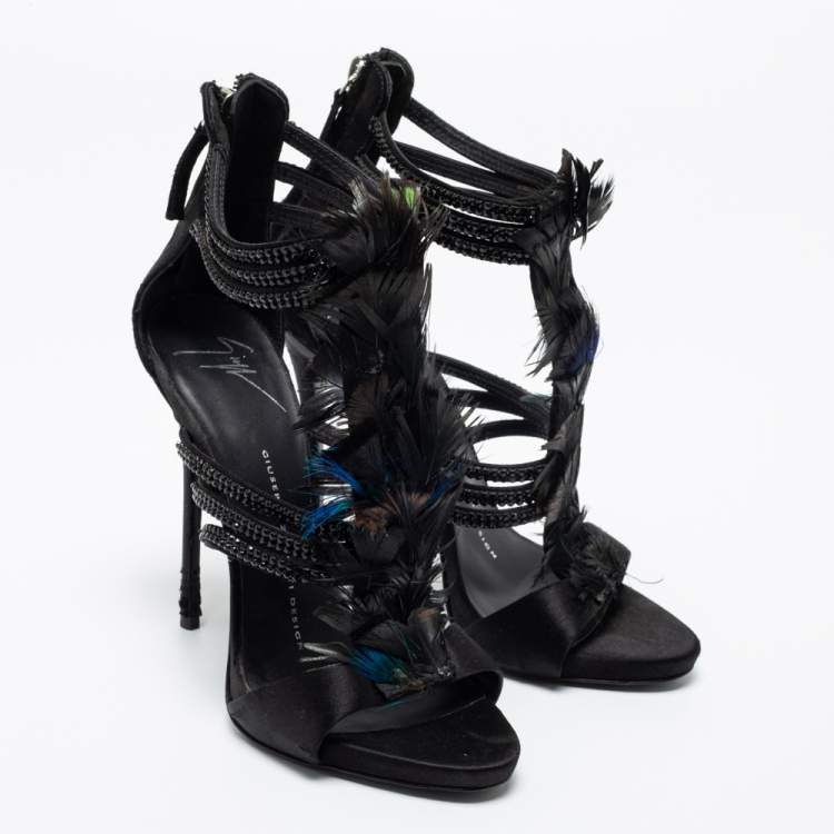 Pre Owned Giuseppe Zanotti Black Feather And Satin Crystal Embellished Sandals Size 36
