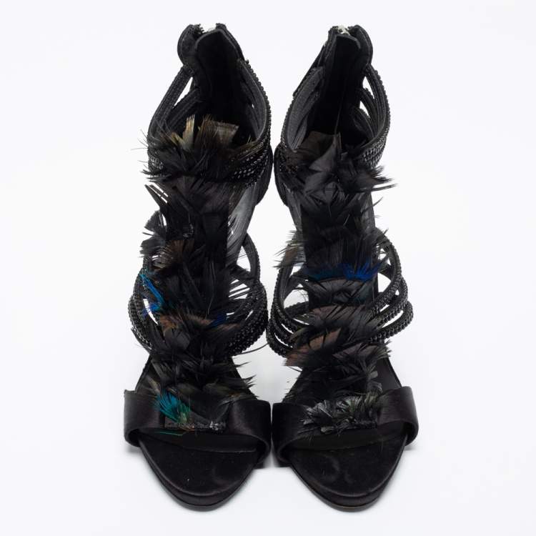 Pre Owned Giuseppe Zanotti Black Feather And Satin Crystal Embellished Sandals Size 36