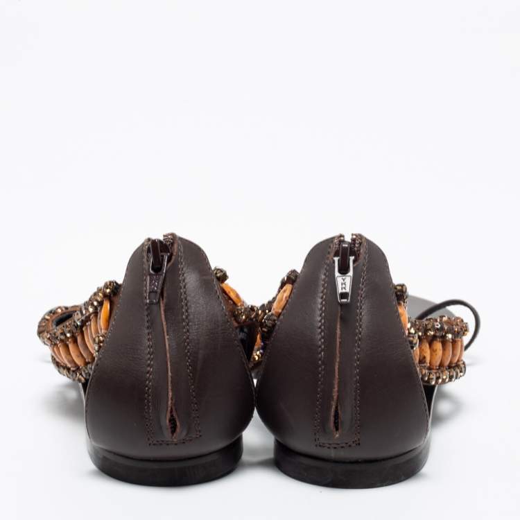 Pre Owned Giuseppe Zanotti Brown Leather Crystal Embellished Flat Thong Sandals Size 39