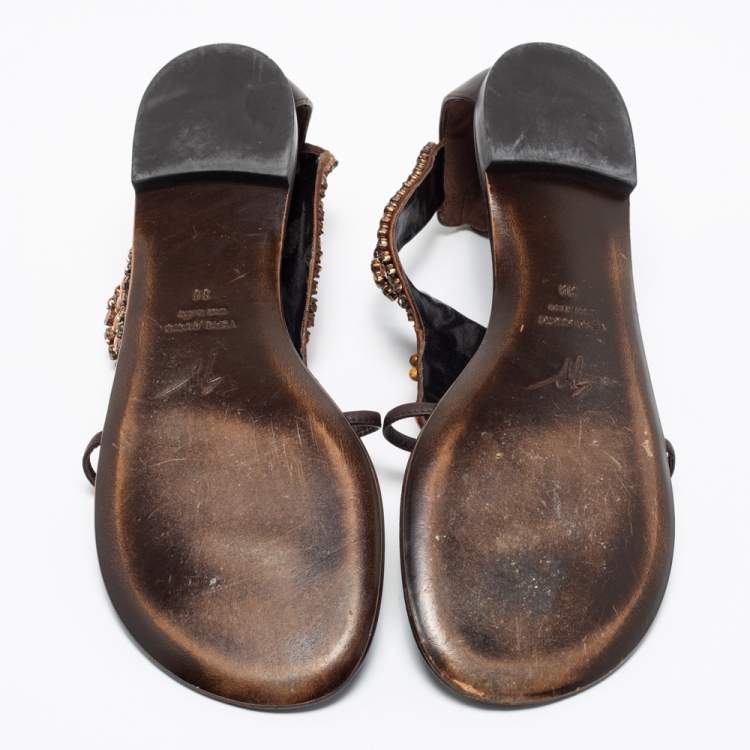 Pre Owned Giuseppe Zanotti Brown Leather Crystal Embellished Flat Thong Sandals Size 39
