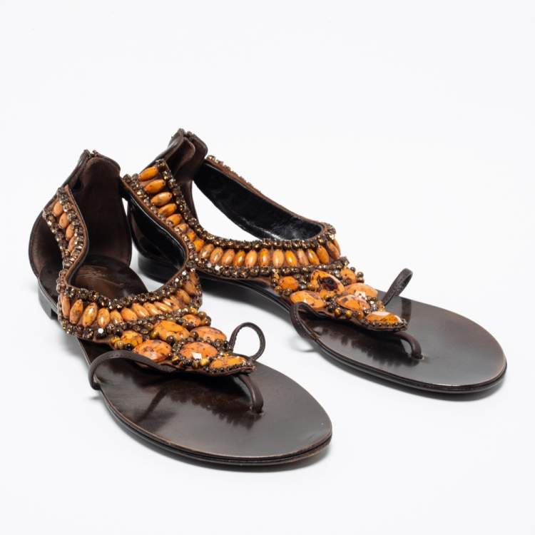 Pre Owned Giuseppe Zanotti Brown Leather Crystal Embellished Flat Thong Sandals Size 39