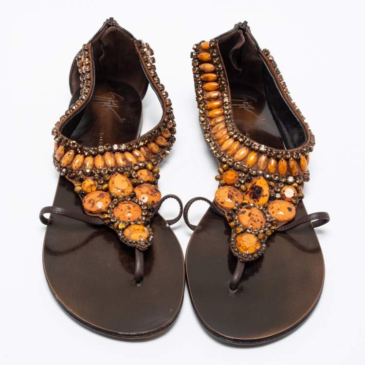 Pre Owned Giuseppe Zanotti Brown Leather Crystal Embellished Flat Thong Sandals Size 39