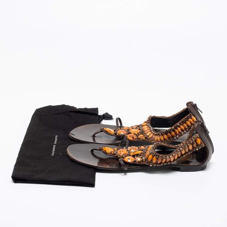 Pre Owned Giuseppe Zanotti Brown Leather Crystal Embellished Flat Thong Sandals Size 39