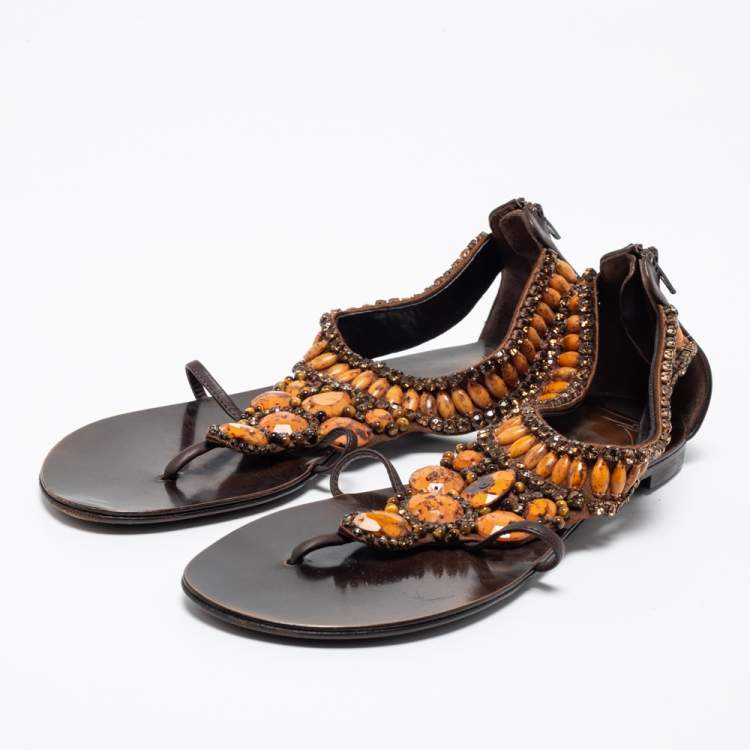 Pre Owned Giuseppe Zanotti Brown Leather Crystal Embellished Flat Thong Sandals Size 39