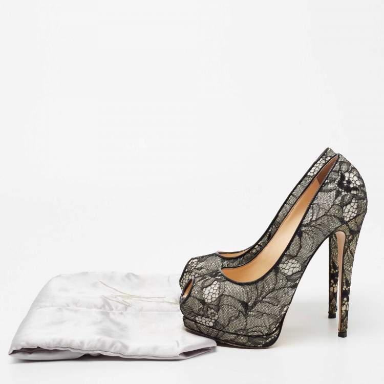 Pre Owned Giuseppe Zanotti Black/White Lace and Glitter Peep-Toe Platform Pumps Size 38.5